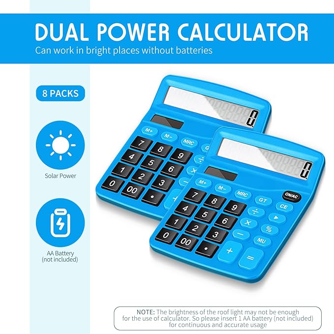 Konohan 8 Pieces 12-Digit Calculator, Solar Basic Desktop Calculator Large Display Electronic Dual Power Handheld for Home Office School(Dark Blue)-DeskLoop Office