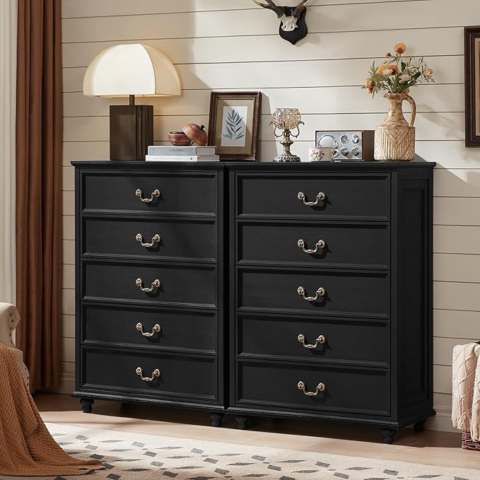 Farmhouse 5 Drawer Dresser for Bedroom, 45" Tall Rustic Chests of Drawers w/ 4 Solid Wood Feet, Mid Century Modern Wooden Closet Storage Dressers Organizer for Living Room, Hallway, Black-DeskLoop Office
