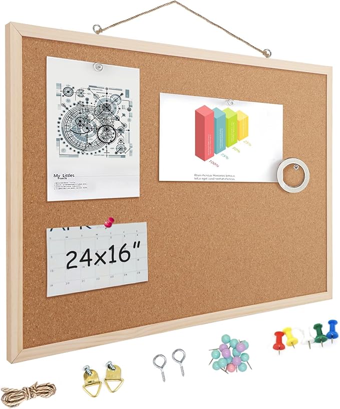 16” x 24” Cork Boards for Walls with Wooden Frame 1pack, Double Sided Office Board for Wall Organizer, Bulletins Board Decorative Hanging Pin Board for School, Home & Office, Notice Board Memo Board-DeskLoop Office