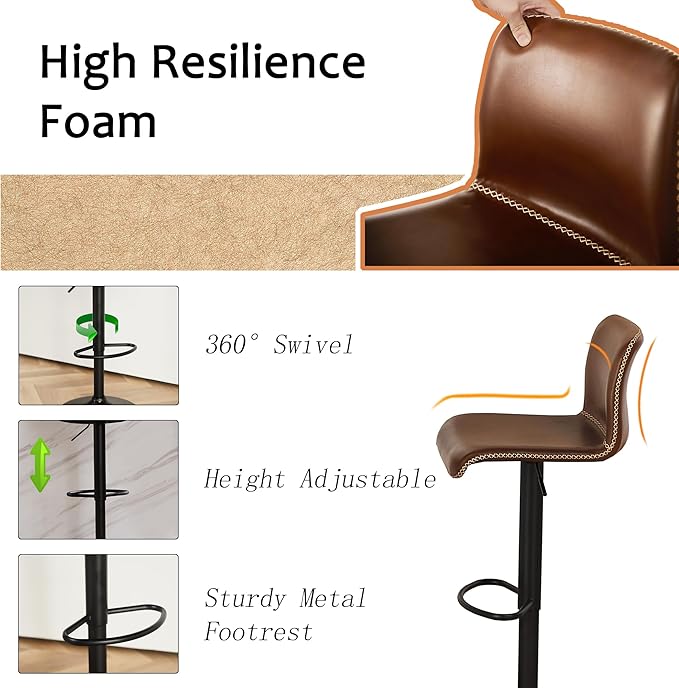 HeuGah Swivel Bar Stools Set of 4, Counter Height Bar Stools with Back, Adjustable Bar Stools 24" to 32", Brown Faux Leather Bar Chairs for Kitchen Island (Brown, Set of 4 (24'' to 32''))-DeskLoop Office