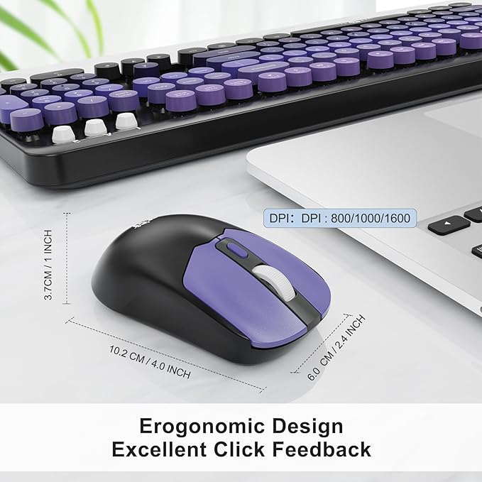FOPETT Wireless Keyboard and Mouse Combo, 104 Keys Full-Sized 2.4 GHz Round Keycap Colorful Keyboards, USB Receiver Plug and Play, for Windows, Mac, PC, Laptop, Desktop (Black Purple)-DeskLoop Office