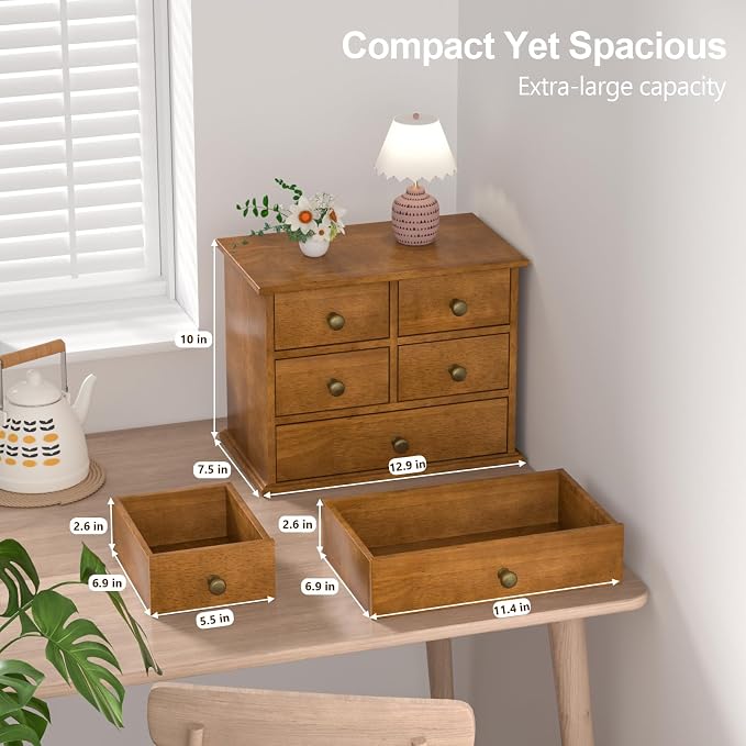 Oak Desk Organizer with Drawers, Durable Wooden Desktop Storage Box with Metal - Image 2