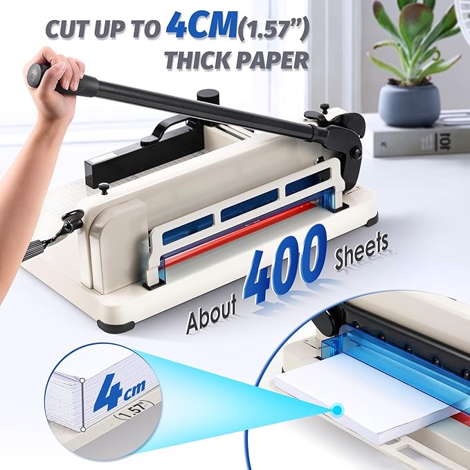 Heavy Duty A4 Paper Cutter 400 Sheet Thickness Cutting Capacity, 12 Inch Stack Guillotine Paper Cutter with 1 Replacement Blade, Stack Trimmer Suitable for Paper Leather Cardboard Nonwoven-DeskLoop Office