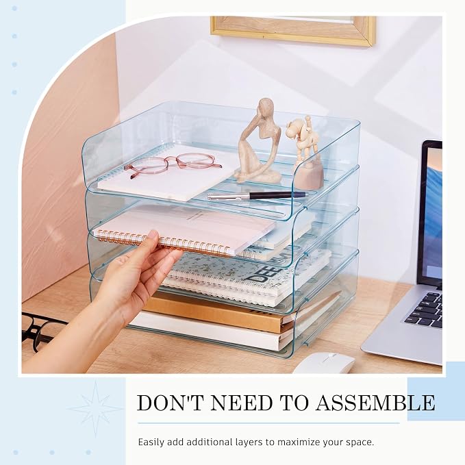 Harloon 4 Tier Clear Blue Acrylic Paper Organizer Letter Tray, Aesthetic - Image 4
