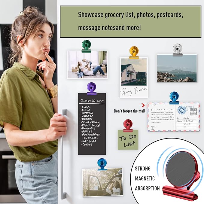 FINDMAG 12 Pack Magnetic Clips for Photo Display, Picture Hanging, Heavy Duty Scratch-Free Fridge Magnet Clips for Whiteboard, Refrigerator, Locker, Kitchen, Office, Magnetic Clips for Photo, Red.