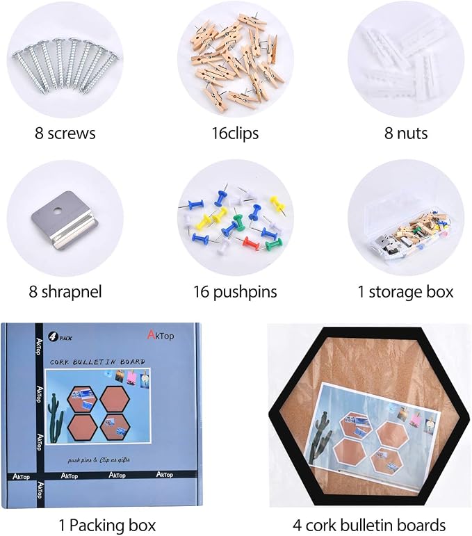 AkTop Cork Bulletin Board Hexagon 4 Pack, Small Framed Corkboard Tiles - Image 7