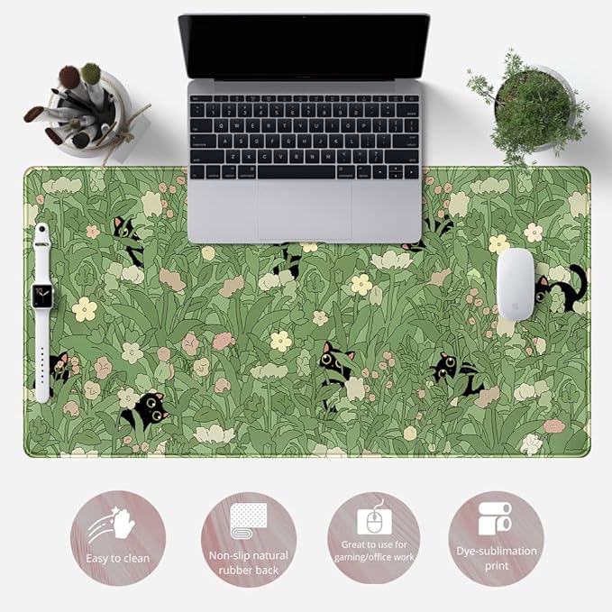 Green Desk Mat XL Cat Cute Plant Cool Desk Pad Keyboard Mat Kawaii Black Cat Flower Mouse Pad Green Desk Mat Desk Decor with Stitched Edges Non-Slip Large Computer Mat 31.5x15.7in-DeskLoop Office