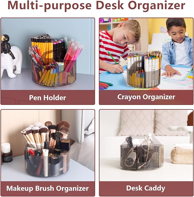 Absonic Acrylic Pen Holder Crayon Organizer for Kids, 6 Slots Arts and Crafts Organizer Marker Caddy Organizer for Classroom, 360 Rotating Pencil Holder Art Supplies Storage for School Office Grey-DeskLoop Office