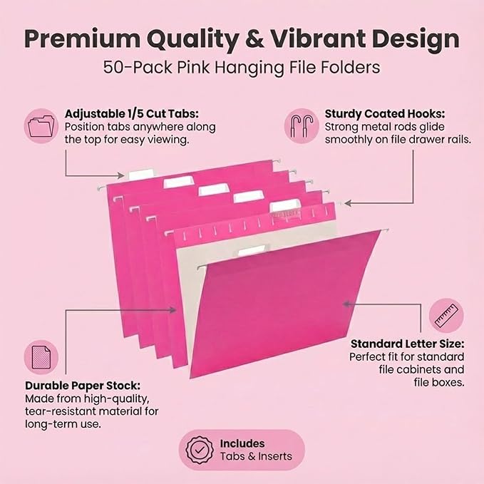 VZCPYTPM 50 Pack Hanging File Folders, Letter Size File Folder, Reinforced Rods - Image 2
