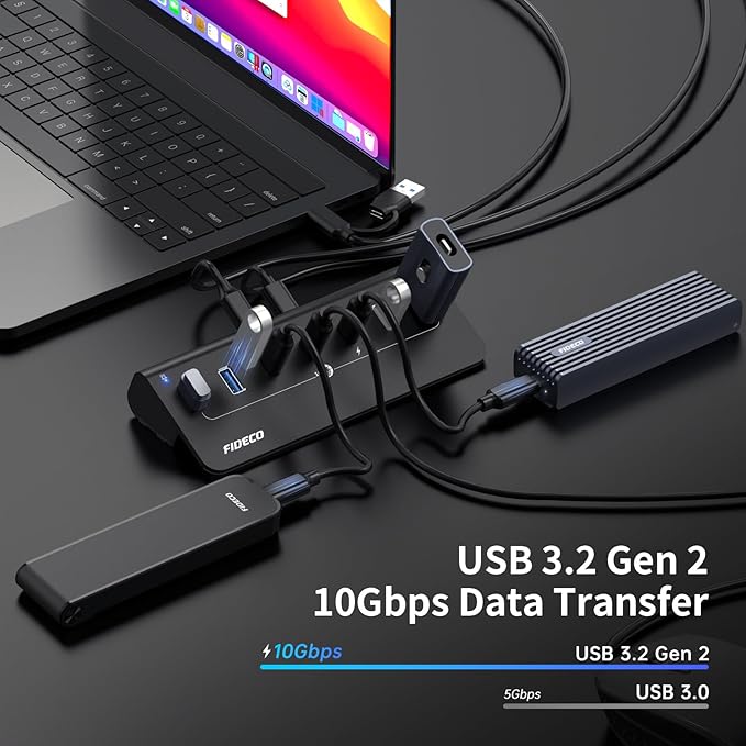 FIDECO Powered USB Hub, 7 Port USB 3.2 Gen 2, 10Gbps Fast Data Hub for iPhone 16/15 and Laptop, Aluminum USB Splitter with 5V 3A Power Adapter, 4 USB-A and 3 USB-C Ports, Support BC1.2 Charging-DeskLoop Office