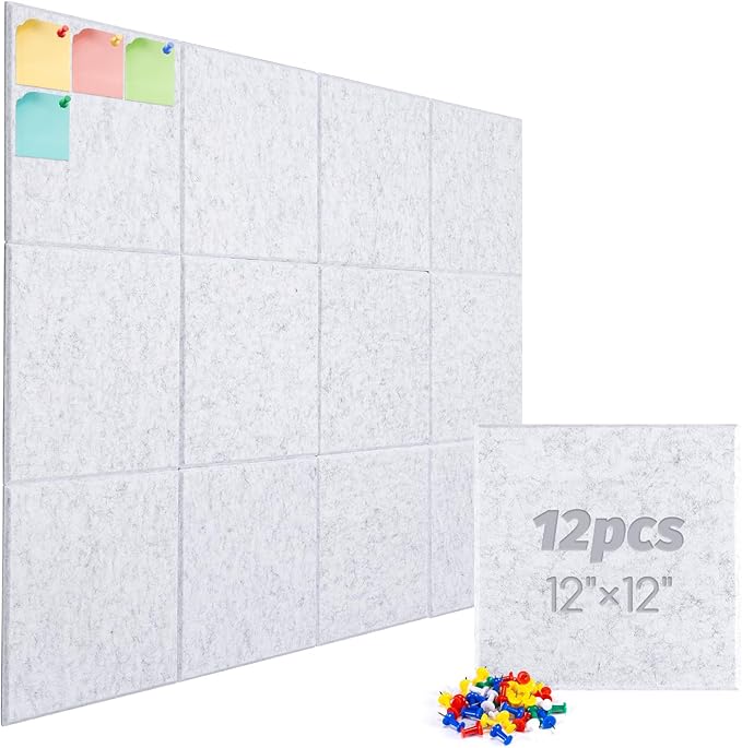 Large Cork Board Alternative, 12 Pack Felt Board with Safe Removable Adhesive Tabs Felt Wall Tiles, Large Cork Boards for Walls, Cork Board for Home Office, Pin Boards for Walls, Marble White-DeskLoop Office