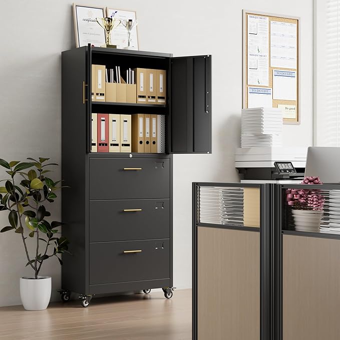 Aobabo Metal 3 Drawers Lateral File Storage Cabinet and Unit Adjustable Shelf Organizer, Steel Files Cabinet with Wheels, 2 Door Storage for Office Legal/Letter A4 Size, Assembly Required, Black-DeskLoop Office