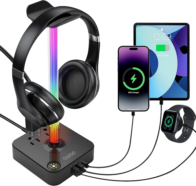 RGB Headphone Stand with USB Charger COZOO Desktop Gaming Headset Holder Hanger by COZOO