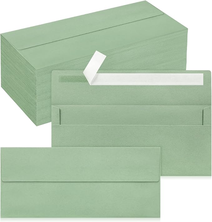 200 Pack #10 Business Envelopes, Self Seal Standard Sage Green Envelopes by QIKSION