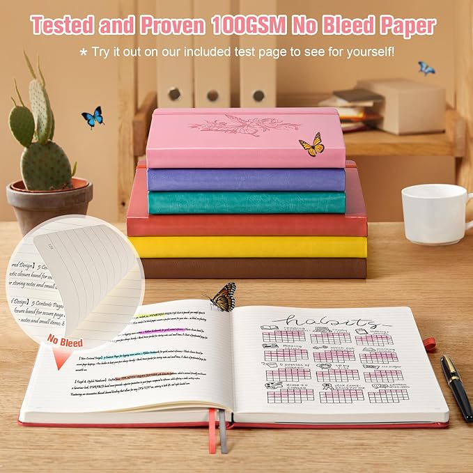 Lined Notebook Journal for Women, 312 Numbered Pages A5 Thick Leather Journal, 100gsm Paper Daily Journal for Work Travel, Hardcover College Ruled Notebook, Giftable Butterfly Floral Notebook, Pink-DeskLoop Office