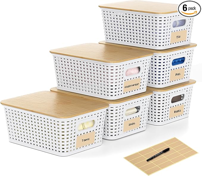 Plastic Storage Baskets with Bamboo Lids and Labels, Stackable Storage by WRRLORS