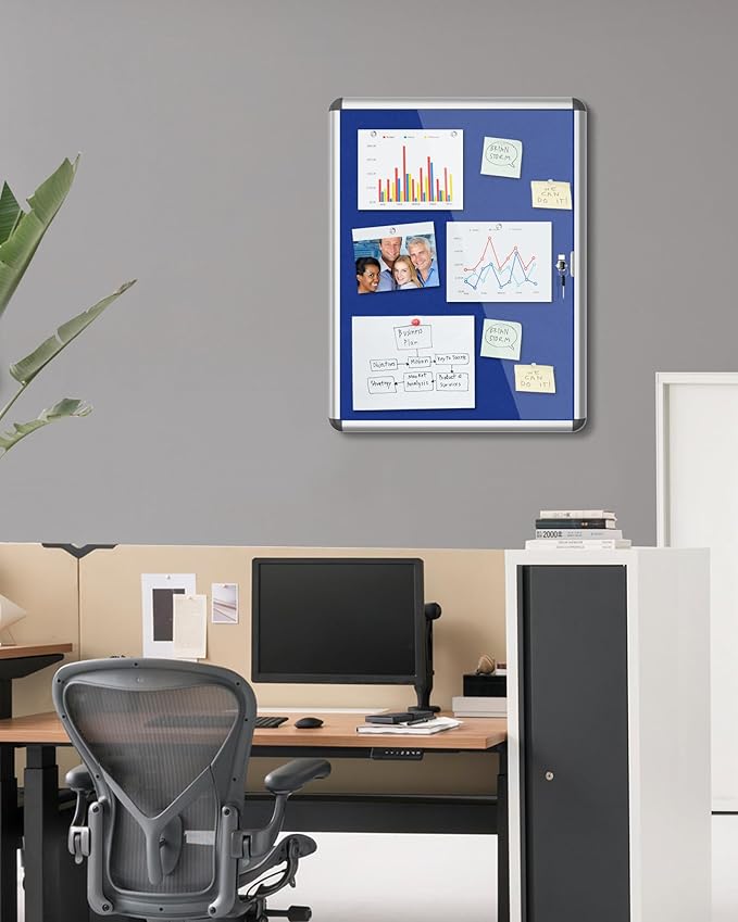 26"x20" Enclosed Bulletin Board, Lockable Weather-Resistant Aluminum Cork Noticeboard for School & Office, Silver Frame w/Blue Flet-DeskLoop Office