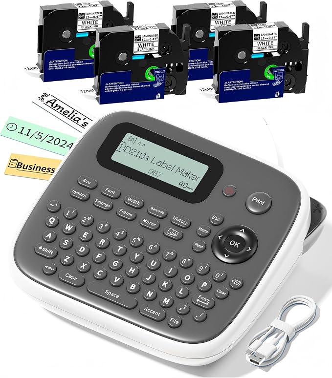 Label Maker Machine with 4 Tapes, 12mm Laminated Waterproof-Labels, D210s by HOME