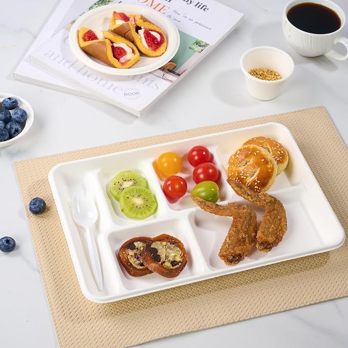 Turbo Bee Compartment Paper Plates, Heavy Duty Bagasse Serving Plates - Image 2