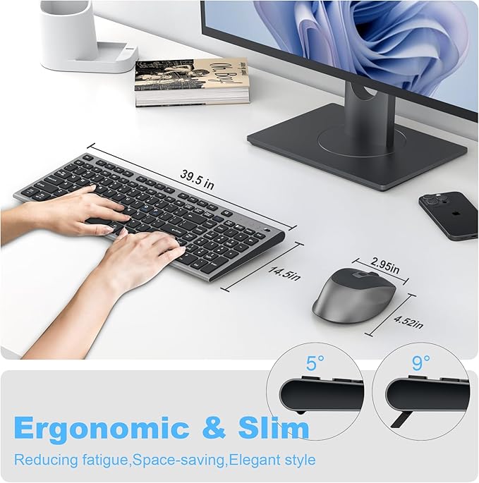 FENIFOX Wireless Keyboard and Mouse, Ergonomic Rechargeable Silent Quiet Slim USB C Flat Compact Full Size with Number Pad Soft Cover Keyboards for Mac Computer PC Surface Laptop MacBook iMac Black-DeskLoop Office