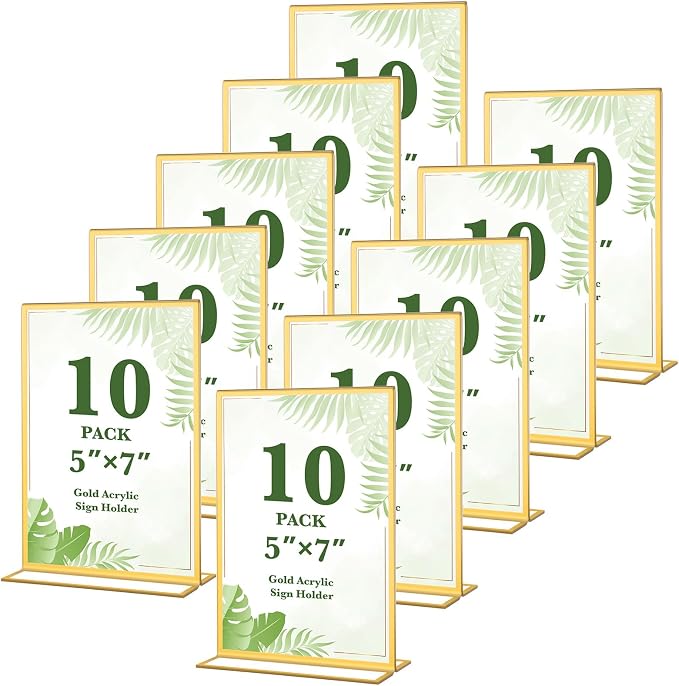 10 Pack Gold Acrylic Sign Holders 5x7 Double Sided Picture Frames, Wedding by ALFFUN