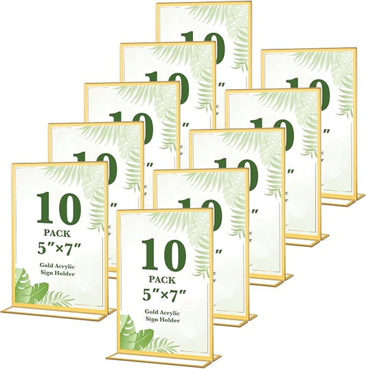 10 Pack Gold Acrylic Sign Holders 5x7 Double Sided Picture Frames, Wedding by ALFFUN