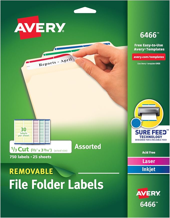 Avery File Folder Labels with Sure Feed, 2/3" x 3-7/16", 750 Printable Labels by Avery