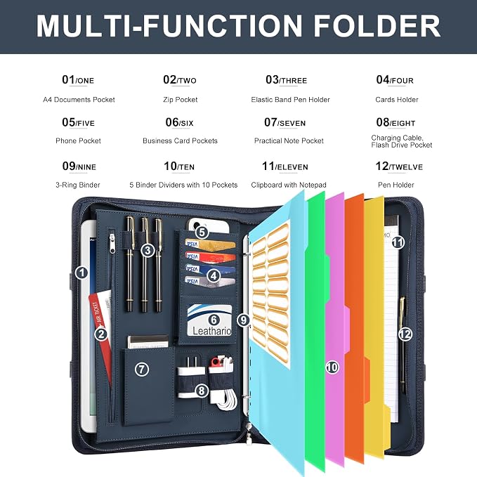 Leathario Portfolio Binder, Includes 5 Folder Index Dividers, 13 Inch Tablets - Image 4
