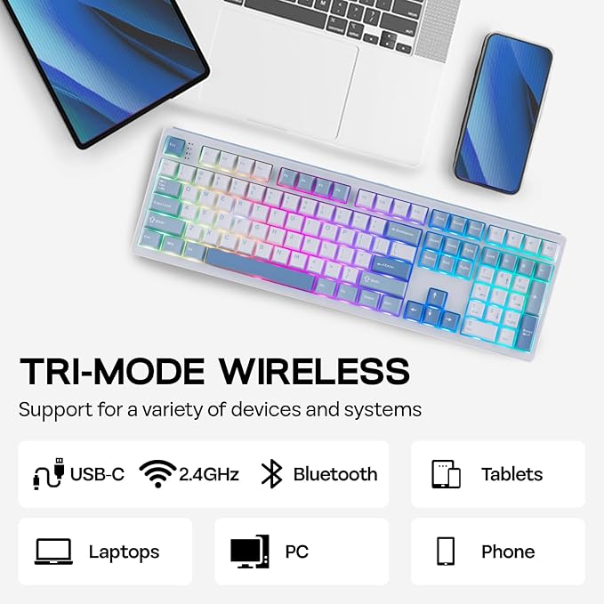 EPOMAKER TH108 Full Size Mechanical Keyboard, Wireless Gaming Keyboard with 8000mAh Battery, Creamy Gasket, 108 Keys, Hot Swap, Custom Driver, RGB Backlight (Blue&White, Sea Salt Silent)-DeskLoop Office