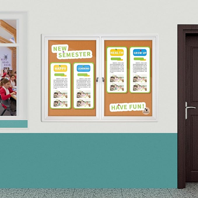 Lockable Outdoor Enclosed Bulletin Board, Weatherproof Cork Noticeboard with Locking Door, Wall-Mounted Aluminum Framed Display Case for Messages,36x24in (5xA4) (Silver Frame & Cork, 44x32 in)-DeskLoop Office