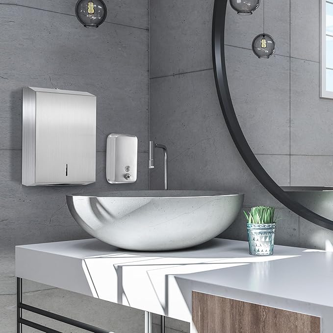 2 Pcs Commercial Soap Dispenser and Paper Towel Dispenser Set with Lock-Stainless Steel,Wall Mount,Large Capacity Manual Liquid Pump Rust Proof Leak Free for Commercial Home Bathroom-DeskLoop Office