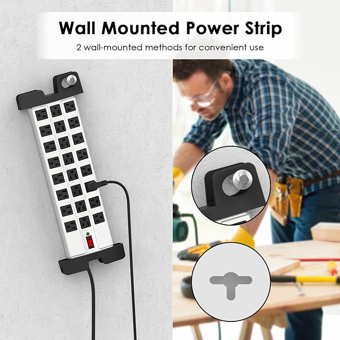 HHSOET Heavy Duty Power Strip with Surge Protection, Industrial Commercial Metal 24 Outlets Wall Mount for Garage Shop, 15 Amp, Switch, 6FT Extension Cord, Grey.-DeskLoop Office