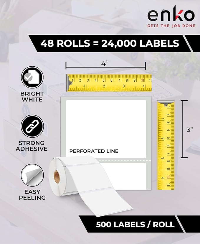 enKo 4" x 3" Labels for Zebra Desktop Printers (48 Rolls, 24,000 Labels) - Direct Thermal Address Mailing Shipping Barcode FBA Stickers FNSKU Labels for Zebra and Eltron (Perforated)-DeskLoop Office