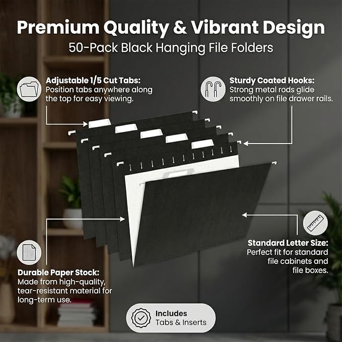 VZCPYTPM 50 Pack Hanging File Folders, Letter Size 8.5x11 Inch, Reinforced Rods - Image 2