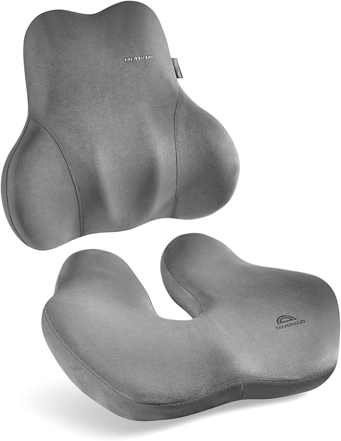 Coverado Memory Foam Car Seat Cushion and Lumbar Support Pillow for Car, Ergonomic Office Chair Cushion for Lower Back Pain Relief, Breathable & Non-Slip for Car, Home, and Office Use, Gray-DeskLoop Office