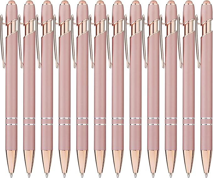 LINFANC 12 Pack Rose Gold Ballpoint Pen with Stylus Tip, 1.0 mm Black Ink Smooth Writing Pens, Metal Stylus Pens for Touch Screens-DeskLoop Office