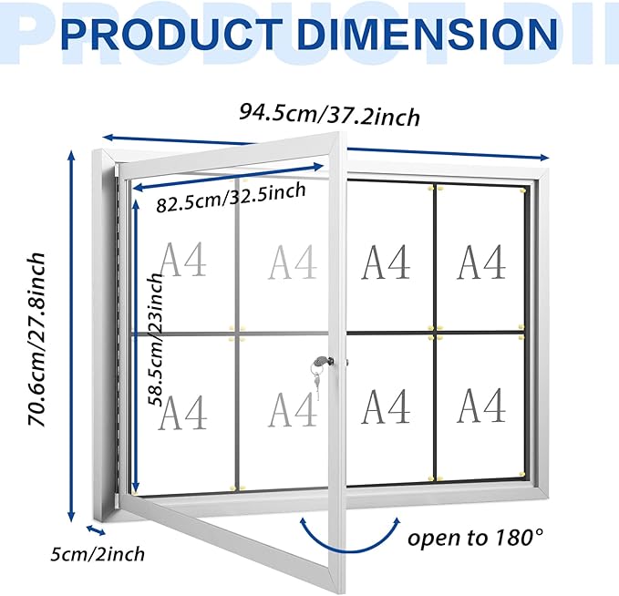 SWANCROWN Enclosed Bulletin Board Weatherproof 37x28in, Outdoor Lockable Bulletin Board Wall Display Case for Office School Commerce, Black Felt, Sliver Aluminum Frame (8xA4)-DeskLoop Office