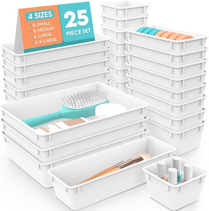 WOWBOX 25 PCS Plastic Drawer Organizer Set, 4 Sizes Desk Drawer Divider Organizers and Storage Bins for Makeup, Jewelry, Gadgets for Kitchen, Bedroom, Bathroom, Office, White-DeskLoop Office