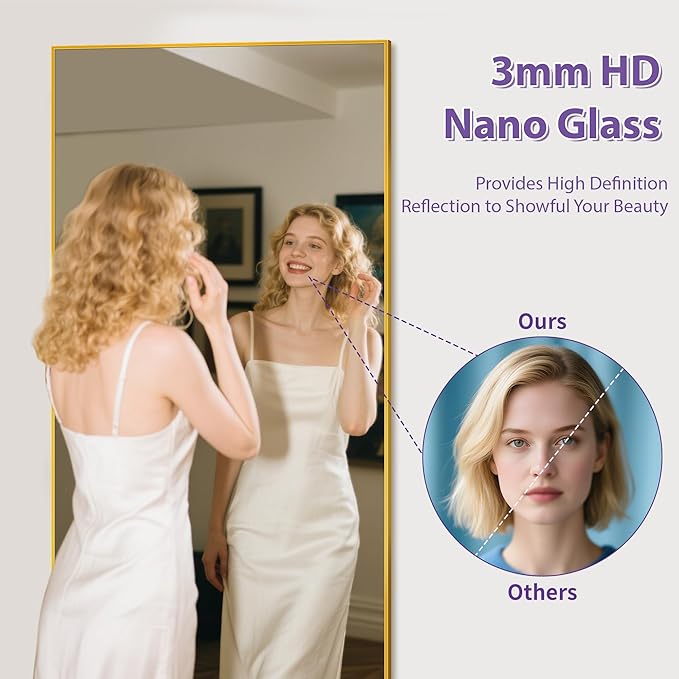 Full Length Mirror, 76"x34" Oversized Floor Mirror Freestanding, Full Body Mirror Floor Standing Mirrors with Stand, Hanging Mounted Mirrors for Bedroom Living Room, Gold, Rect Style-DeskLoop Office