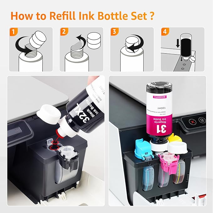 Jeoskarky Compatible for HP 31xl Color HP 32xl Black Ink Bottle for HP Smart Tank 7602 6001 5101 7301 6000 5102 5000 5103 7002 7001 7302 Series for Smart Tank Plus 651 551 Printers (4 Bottles)-DeskLoop Office