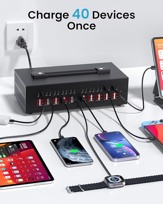 300W USB~c Charging Station, 40 Port (20 USB A & 20 USB~C Port) USB Charger Block, Fast Charging Station for Multiple Devices, Desktop Charger Compatible for iPhone, iPad, Tablets-DeskLoop Office
