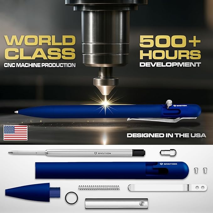 BASTION® Luxury Slim Bolt Action Pen, Lightweight Aluminum EDC Pen with Fine Tip, Professional Ballpoint Pen for School and Work - Blue-DeskLoop Office