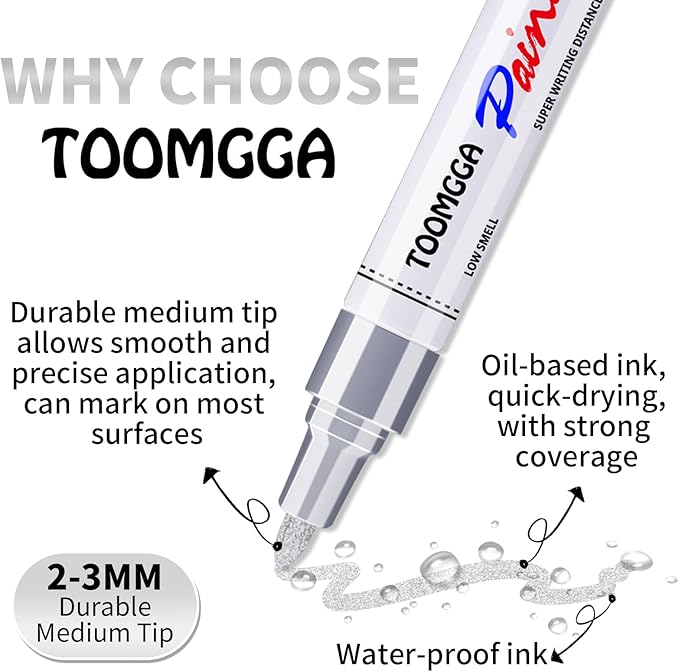 Silver Paint Pens Paint Markers Permanent Markers Oil Based for Metal Wood, Metal, Car Tyre,Wood, Plastic, Rock Painting, Glass, Craft Supplies,Waterproof