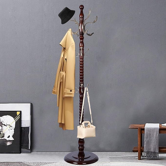 Coat Racks FreeStanding with 14 Hooks, Natural Wood Coat Rack with Solid Round Base, Adjustable Height Coat Racks, Easy Assembly for Hallway, Bedroom and Office (Reddish Brown-Metal Hook)-DeskLoop Office