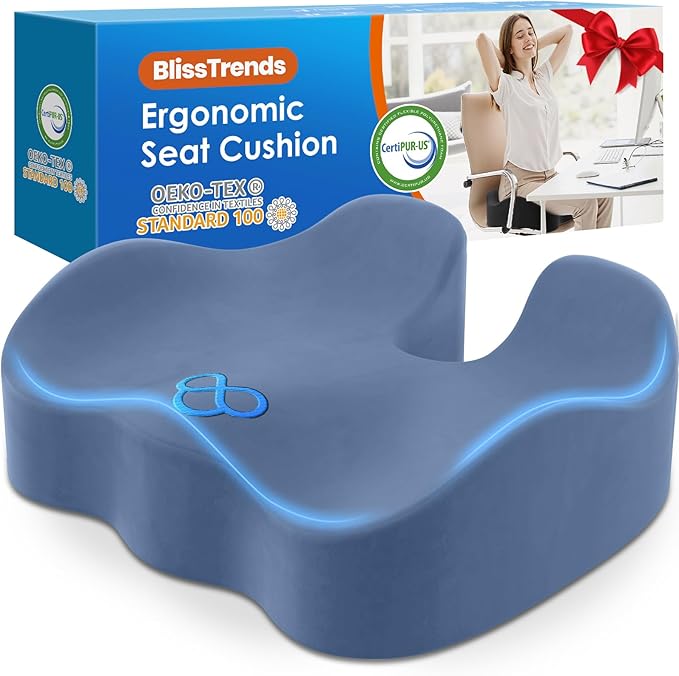 BlissTrends Seat Cushion,5.2in Thick Memory Foam Cushions for Office Chair, Car Seat, Airplane, Relieving Pressure Tailbone Sciatica Back Pain for Long Sitting Office Workers, Car Drivers LightBlue-DeskLoop Office