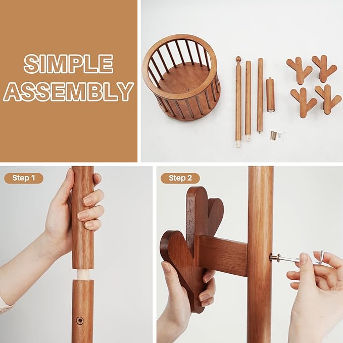 Uniclinens Solid Wood Coat Rack Freestanding with Umbrella Holder, Tree Coat Rack Stand with Lockable Universal Casters & 12 Hooks for Entryway Bedroom, Walnut-DeskLoop Office