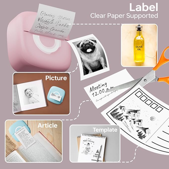 Mini Printer Sticker Thermal Printer with 3 Rolls Paper, Bluetooth Portable Phone Print Pods,Study Sticker Maker for Pictures, Photos, Journals, DIY, Compatible with Phone & Tablet-DeskLoop Office