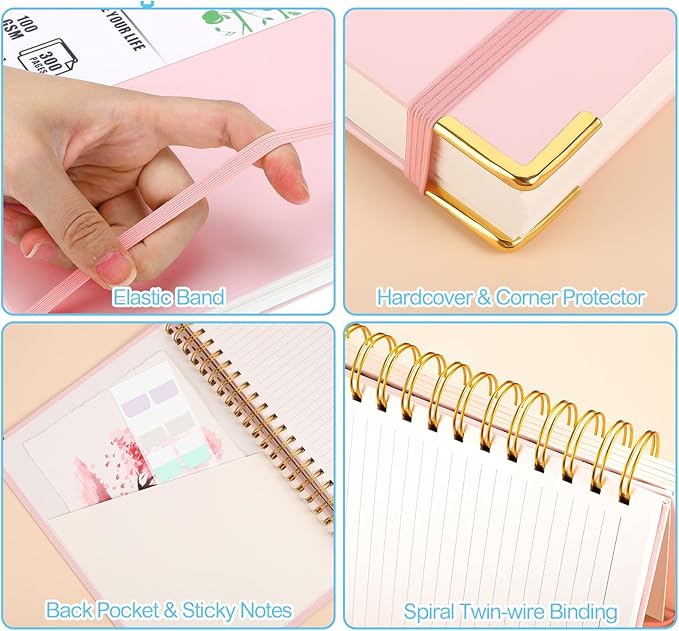 Spiral Notebook 8.3” x 11.6”, 300 Pages/150 Sheets Pink Notebook College Ruled A4 Spiral Notebook Journaling Notebook with Index Sticker, Back Pocket, Elastic Band for Work Business School Note Taking-DeskLoop Office