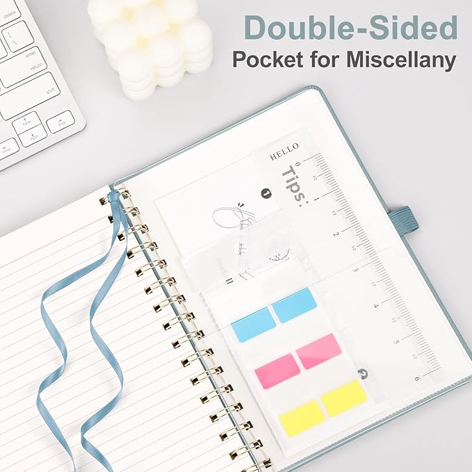 AHGXG Lined Spiral journaling notebooks With Numbered Pages, Hardcover Leather College Ruled Notebook 5.7" x 8.3" A5, light ivory Paper, Notebooks for School Work, Journals for Women,GrayBlue-DeskLoop Office