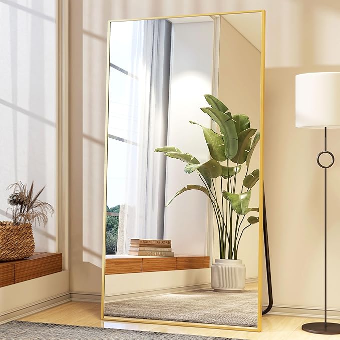 Full Length Mirror with Stand 34"x76" Full Body Mirror Floor Mirror Standing Hanging or Leaning Wall, Wall Mirror with Stand Aluminum Alloy Frame for Living Room Bedroom Cloakroom,Gold-DeskLoop Office